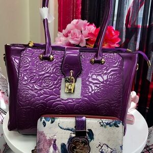 Purple Floral-Embossed Patent Tote Bag with Gold Lock
